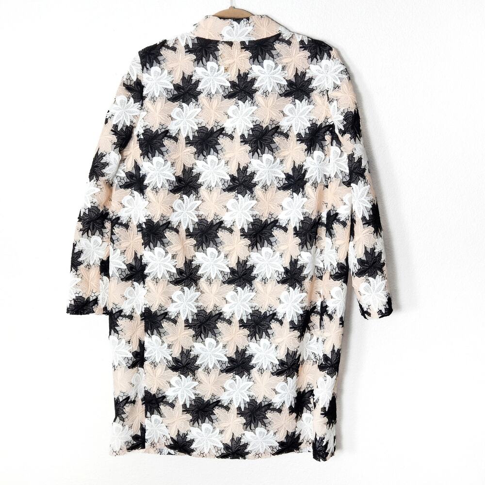 Kate Spade Floral Print Trench Coat Black Cream Size L Modern Classic - Picture 2 of 10